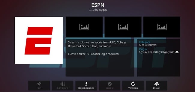 Screenshot of Kodi add-on ESPN