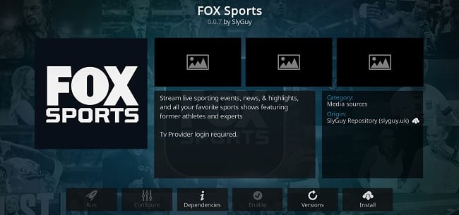 Screenshot dell'estensione Kodi Fox Sports