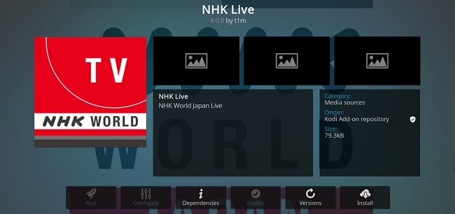 NHK Live Kodi eklentisinin ekran görüntüsü