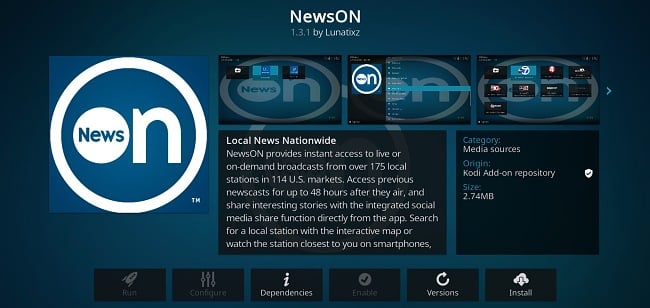 Captura de pantalla de la extensión de Kodi NewsON