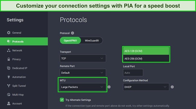 Screenshot of PIA's customizable protocol settings on its Windows app.