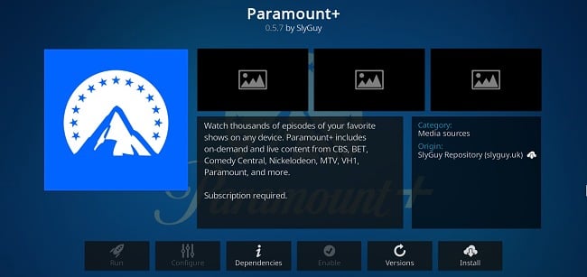 Screenshot of Kodi add-on Paramount+