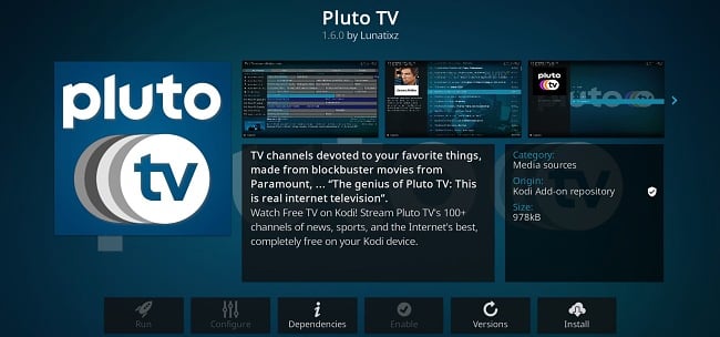 Screenshot of Kodi add-on Pluto TV