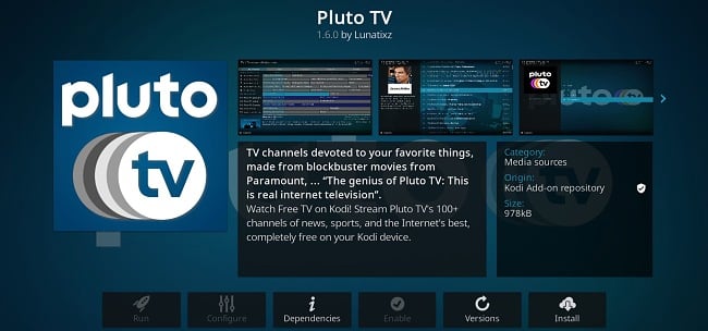 Schermopname van de Kodi-add-on Pluto TV