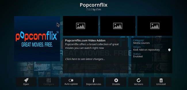 Schermopname van de Kodi-add-on Popcornflix