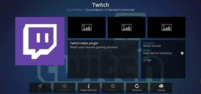 Στιγμιότυπο οθόνης της προσθήκης του Kodi Twitch