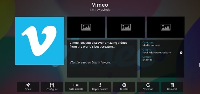 Schermopname van de Kodi-add-on Vimeo