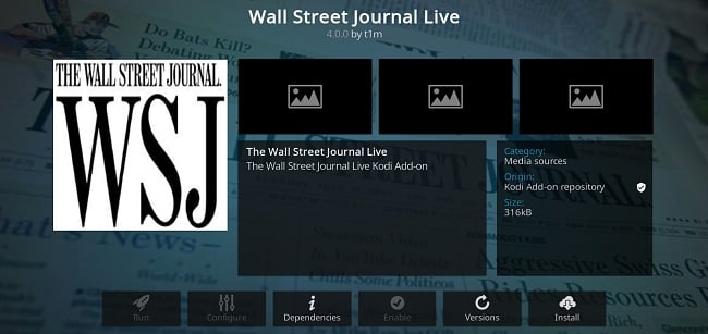 Screenshot of Kodi add-on Wall Street Journal Live