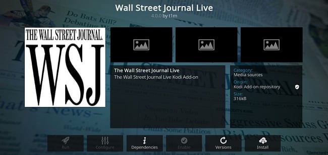 Schermopname van de Kodi-add-on Wall Street Journal Live