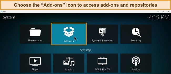 screenshot of Kodi settings menu with the Add-ons option highlighted.