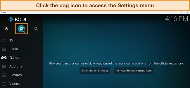 Screenshot of Kodi with the cog icon highlighted.
