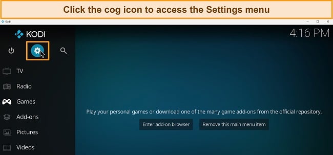 Screenshot of Kodi's interface and where to find the Settings icon