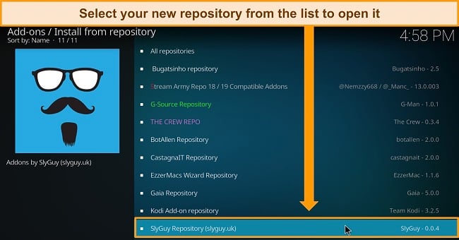 Screenshot of Kodi downloaded repositories list, highlighting the Slyguy repository.