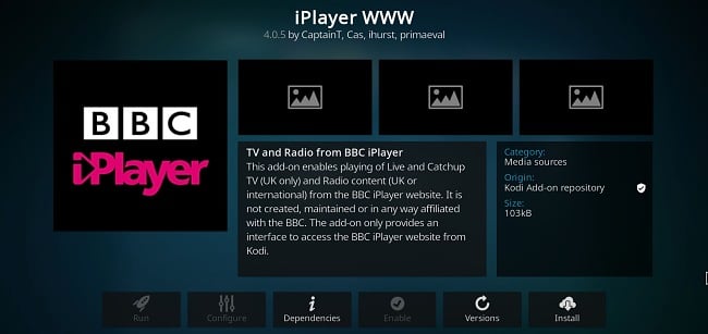 Screenshot of Kodi add-on iPlayer WWW for BBC iPlayer