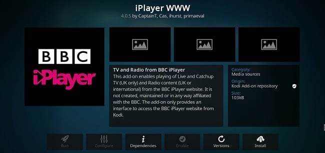 Screenshot des Kodi-Add-ons iPlayer WWW für BBC iPlayer