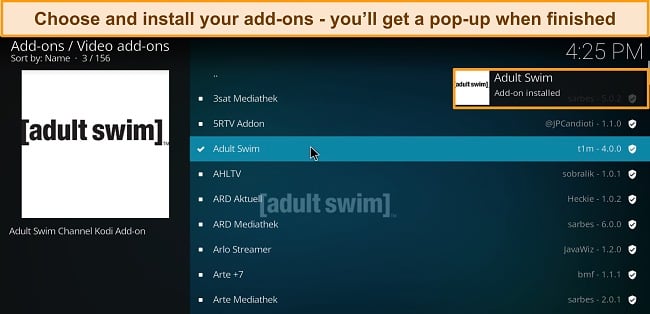 Screenshot showing the various add-ons, with Adult Swim highlighted and installed.