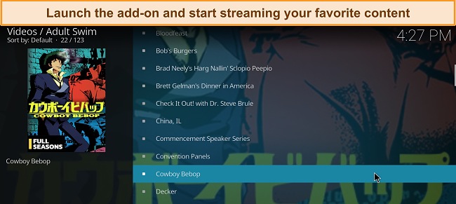 Screenshot of Adult Swim Kodi add-on open, with Cowboy Bebop highlighted and ready to stream.