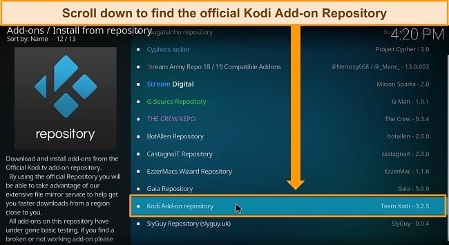 Screenshot of Kodi showing where the official Kodi add-on repository is.