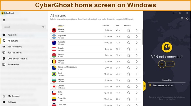 CyberGhost's expanded home screen on the Windows app