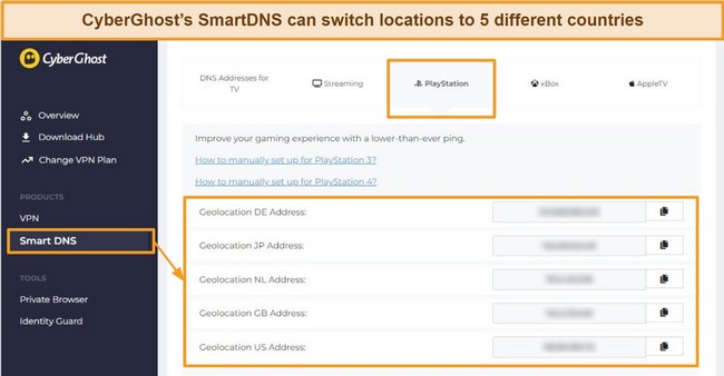 Screenshot of CyberGhost's SmartDNS for multiple locations