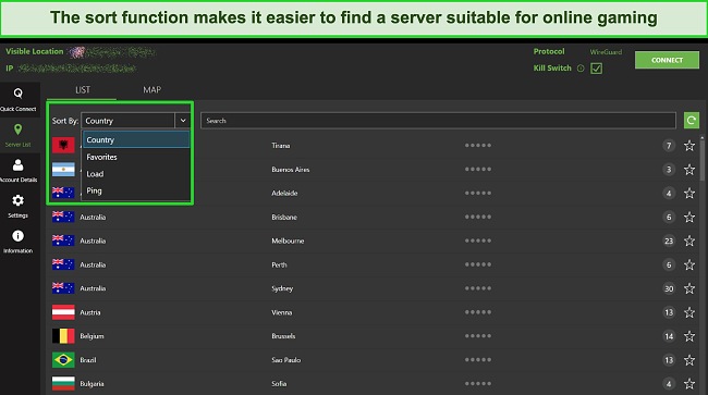 Screenshot of IPVanish's sort function