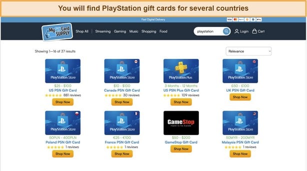  Screenshot of PlayStation gift card options on MyGiftCardSupply store