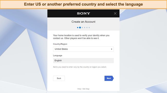 Screenshot of PSN account creation step — country and language selection