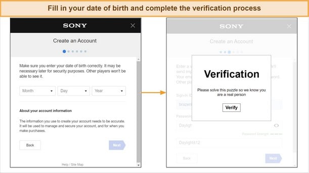 Screenshot of PSN account creation step — identity verification