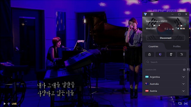 Screenshot of Live MBC shows using Proton VPNs South Korean server