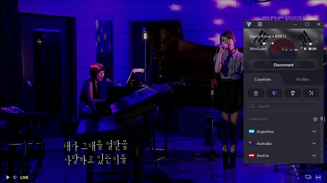 Screenshot of Live MBC shows using Proton VPNs South Korean server