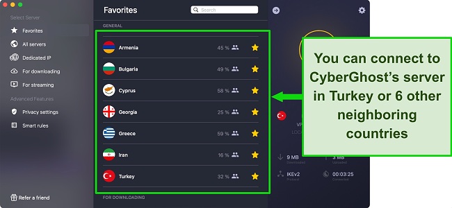Screenshot of CyberGhost app showing servers in Turkey, Armenia, Bulgaria, Cyprus, Georgia, Greece, and Iran
