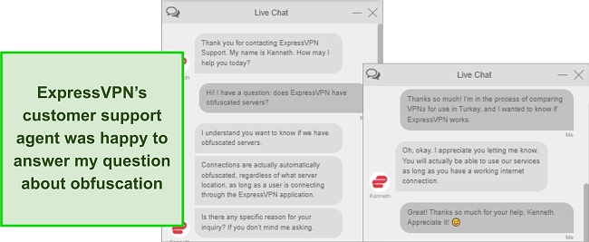Screenshot of a customer support rep answering a question about obfuscation