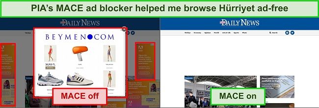 Screenshot of Private Internet Access MACE removing ads on Hurriyet news site
