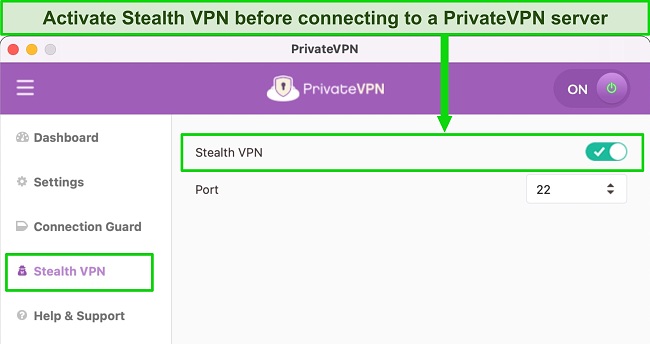 Screenshot of the PrivateVPN app showing the Stealth VPN feature activated