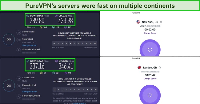 Screenshot of PureVPN's speed test results in New York, USA and London, UK