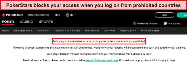 image of PokerStars blocking access to the site as an out-of-region location is detected.