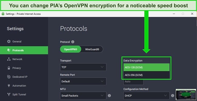 PIA's Windows app showing the customizable encryption levels for OpenVPN.