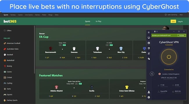 Image of CyberGhost connected to a UK server with bet365 open.