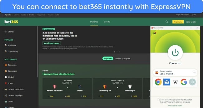 Screenshot of bet365 website with ExpressVPN connected to a server in Spain.