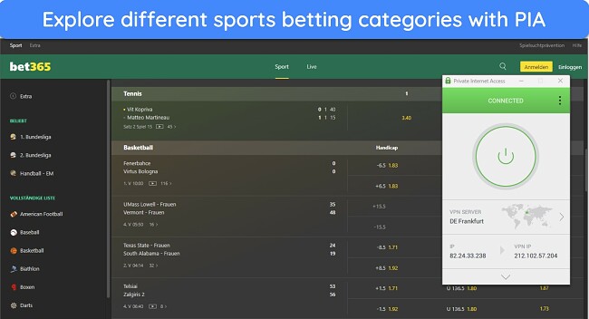 Screenshot of bet365 website with PIA connected to a server in Berlin, Germany.