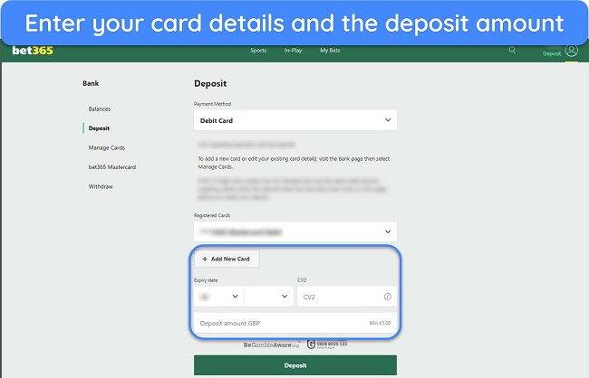 Screenshot of bet365's funds deposit page