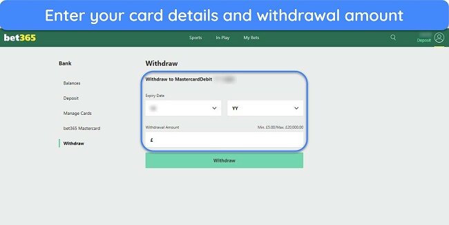 Screenshot of bet365's funds withdrawal page