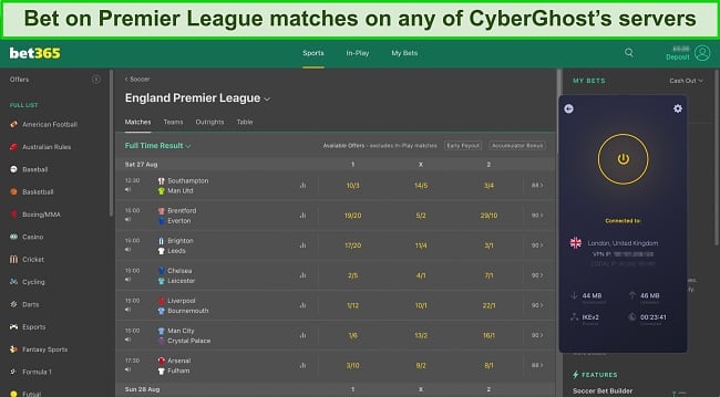 Screenshot of Bet365's interface while CyberGhost is connected to a server in the UK
