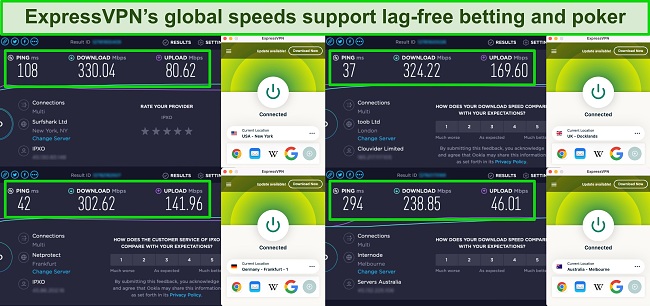 Screenshot of speed tests while ExpressVPN is connected to servers in France, the US, Germany, and Australia