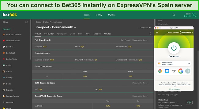 Screenshot of Bet365's interface while ExpressVPN is connected to a server in Spain