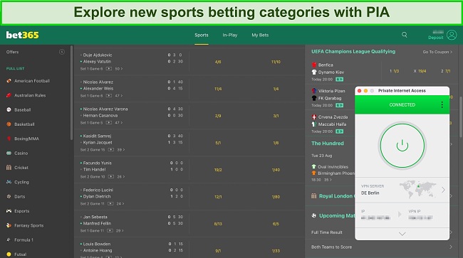 Screenshot of Bet365's interface while PIA is connected to a server in Germany