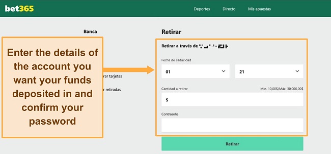 Screenshot showing withdrawal form on Bet 365 in Portuguese