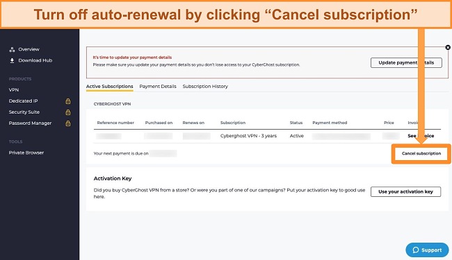 Screenshot showing how to cancel a CyberGhost subscription.