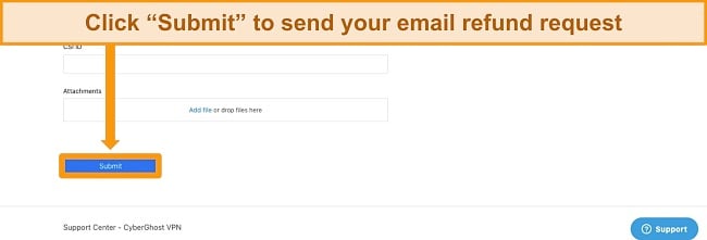 Screenshot highlighting how to submit an email ticket to CyberGhost.