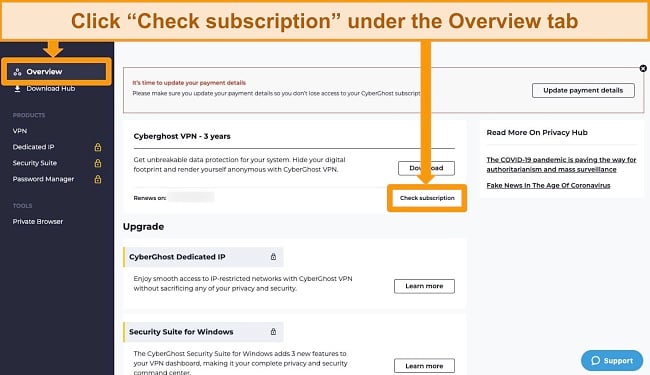 Screenshot highlighting a CyberGhost's Check subscription option.
